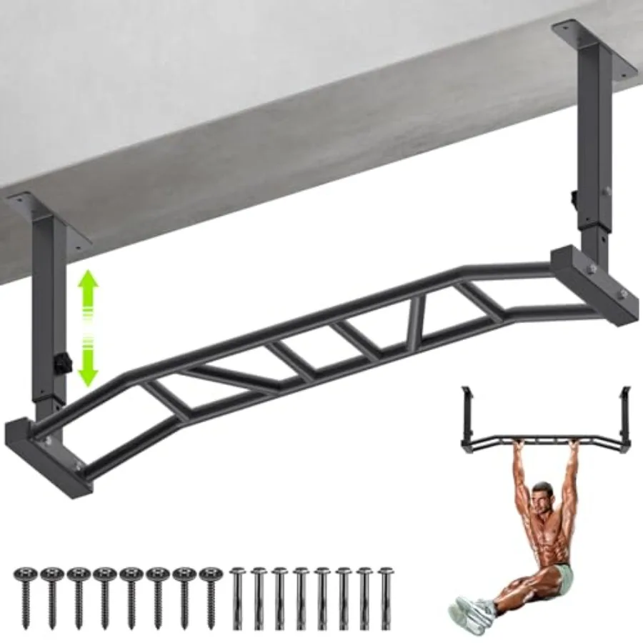 

Home gym ceiling-mounted pull up bar, heavy-duty steel, black, adjustable height with multi-grip options and included resistanc