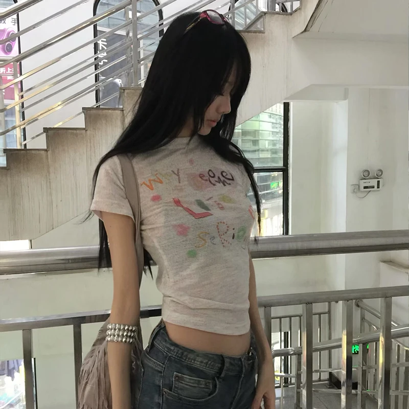 Karrram اليابانية Y2k إلكتروني طباعة محبوك تي شيرت خمر Harajuku المحاصيل الأعلى 2000s نمط قصير الأكمام تي شيرت الأمريكية الرجعية