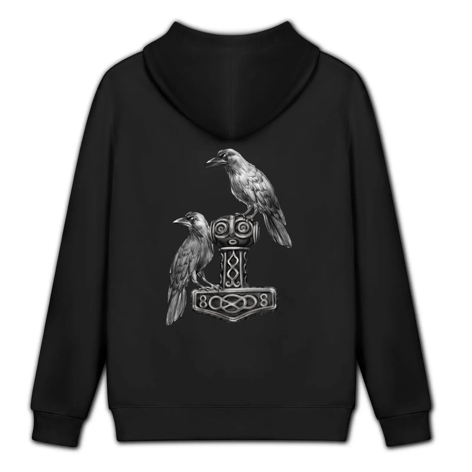 Thor Hammer Mj?lnir مع Odin Ravens Hugin and Munin Hoodie ملابس رجالية ملابس رجالية بقلنسوة جرافيك