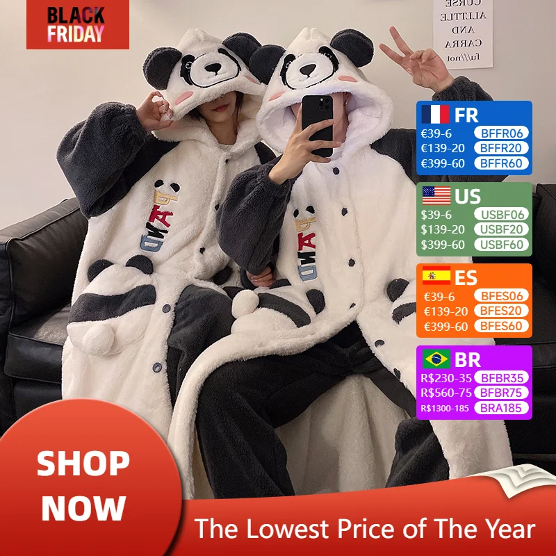 Women Men Pajamas Robes Winter Thick Warm Plush Nightgown Fleece Long  Gown Kawaii Panda Couples Nightdress Pijama Loungewear