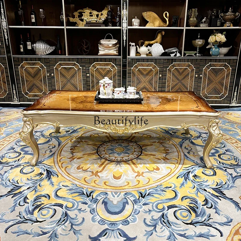

02 French solid wood coffee table, European luxury carved rectangular neoclassical living room tea table furniture