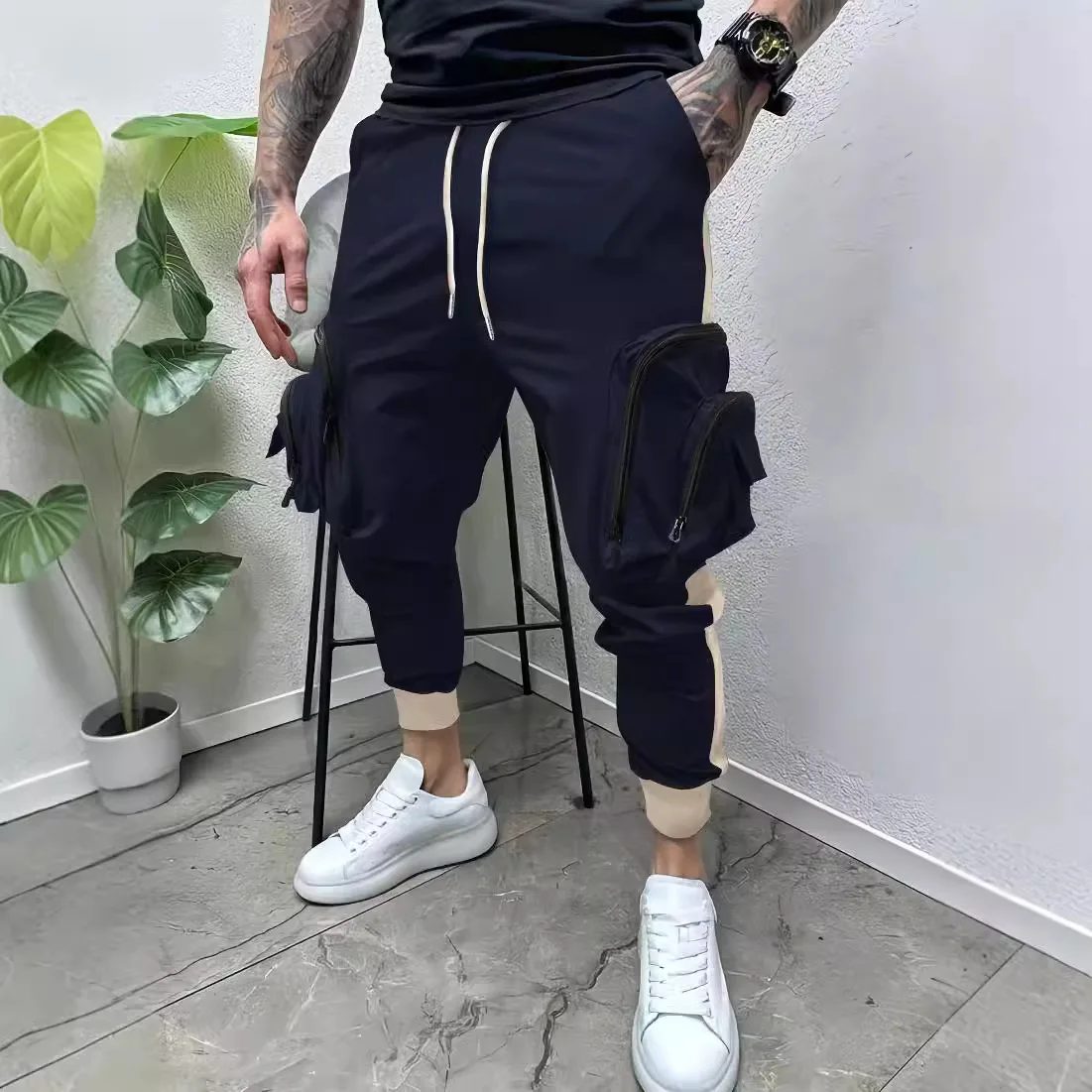 New Spring And Autumn Men\'s Color Matching Pocket Loose Outdoor Sports Pants Fashion With Breathable Small Feet Pants