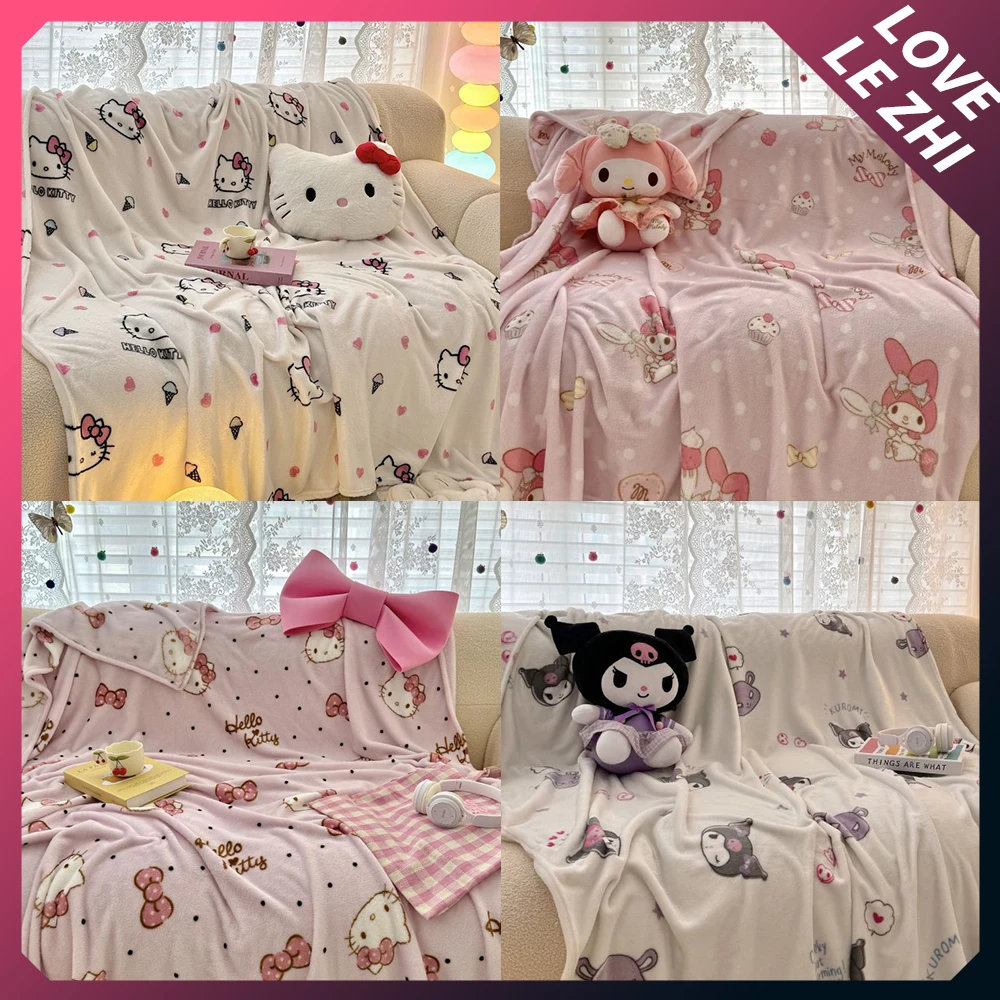 

Sanrioed Kawaii Hello Kittys Kuromi Plush Soft Sofa Blanket Cute Cinnamoroll Flannel Shawl Blanket Air Conditioning Blanket