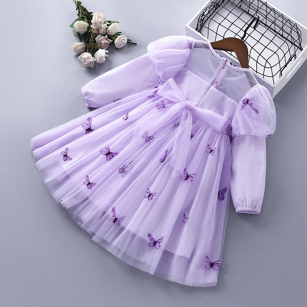 High Quality Spring Autumn Girl Dress New Lace Chiffon Floral Draped Ruched Green Purple Kid Children Clothing Princess Dress
