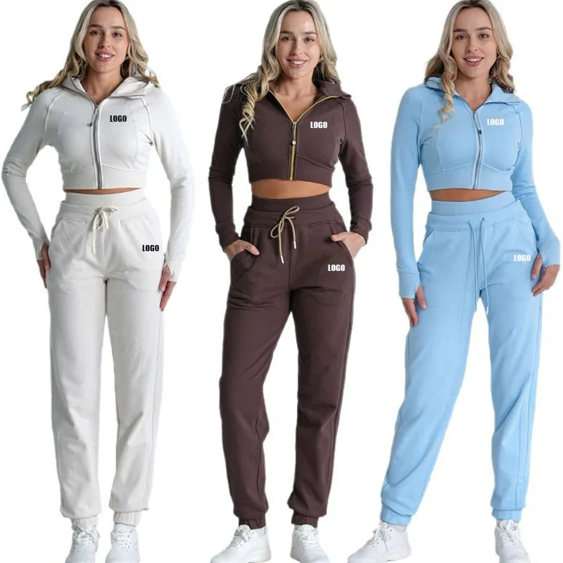 Personalized LOGO custom women's casual autumn  new loose tied feet double high waist sweatpants hooded sports two-piece set