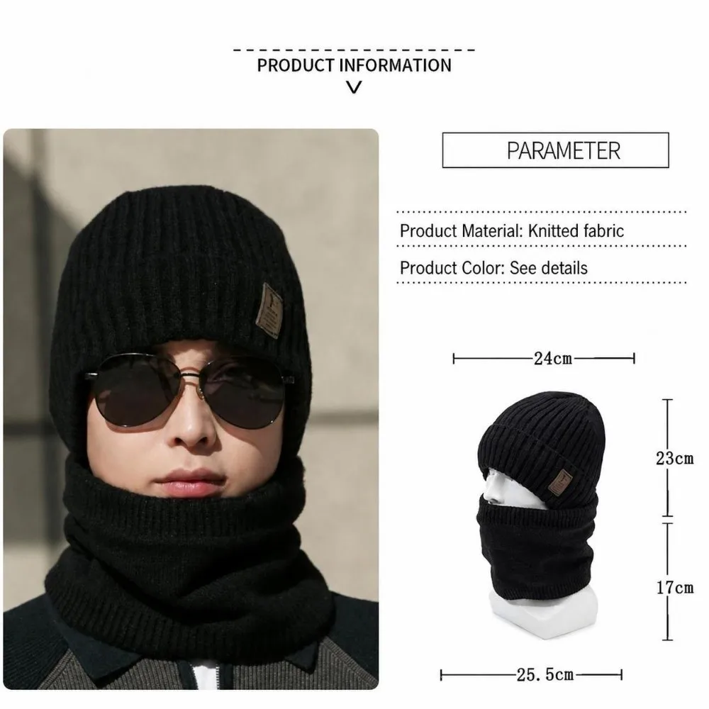 Solid Color Winter Beanie Hat Scarf Soft Windproof Knitted Cap Scarf Set Warm Thick Velvet Lining Woolen Winter Hat For Adults