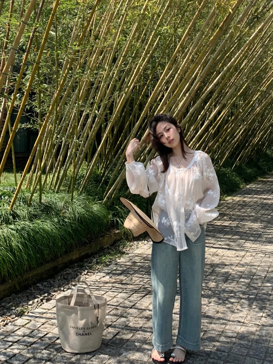 

Bling Bubblestitch Long Sleeve Embroidered Loose Doll Top MicroTransparent Polyester Sweet Style round Neck Pullover Summer S...