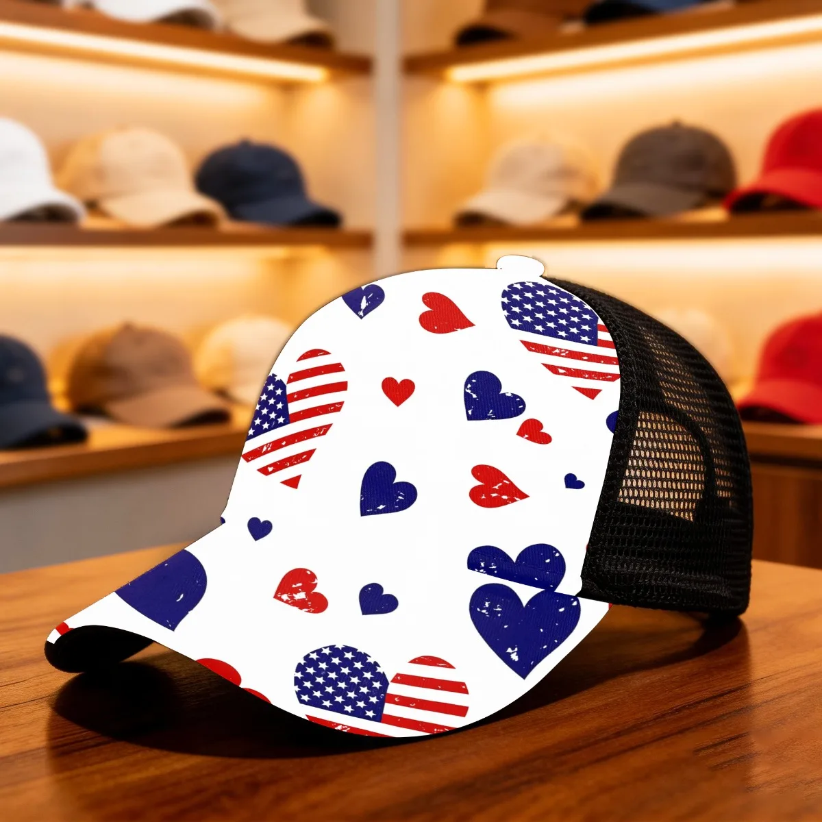 1pc Patriotic Duckbill Cap with Heart Print Multicolor Suitable for Day, Breathable Mesh Hat Buckle Closure Round Top