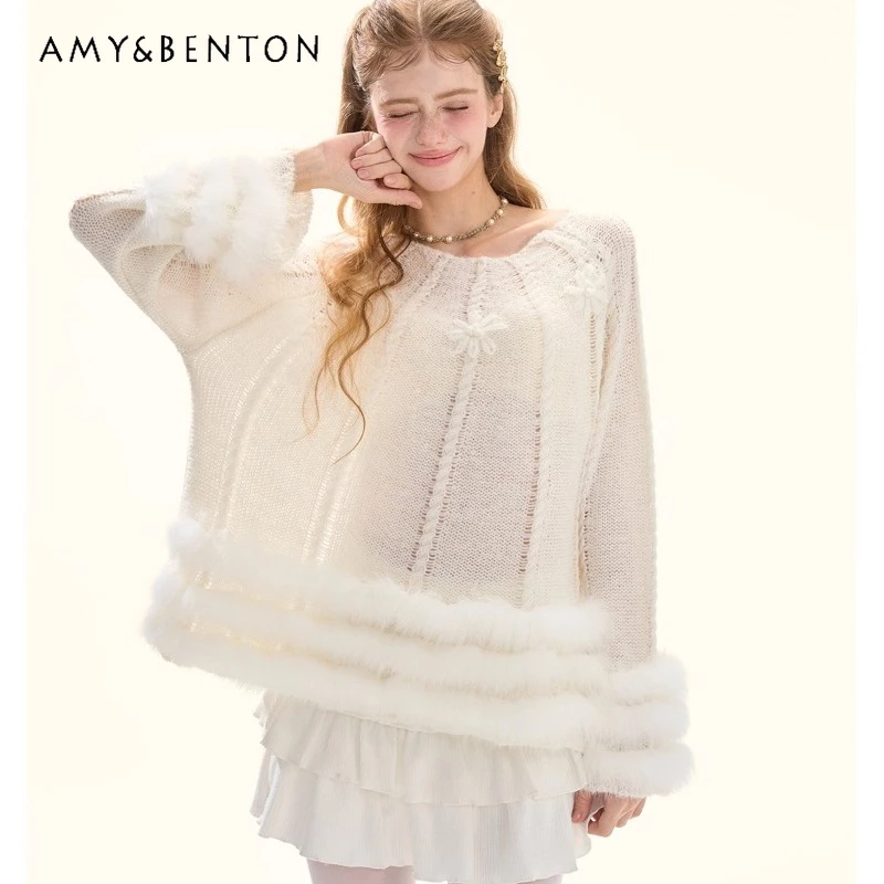 تصميم فرنسي ملابس نسائية 2025 خريف شتاء جديد أبيض حلو لطيف الراقية الفراء الربط فضفاض كابل متماسكة سترة السيدات #1