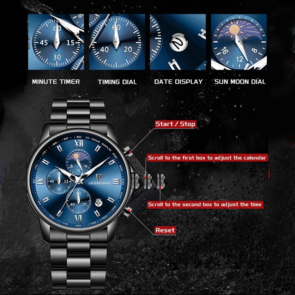 

LIGE Band Luxury Watch for Man Quartz Sports Men Watch Waterproof Luminous Stainless Steel Chronograph Men's Watches Clock Reloj