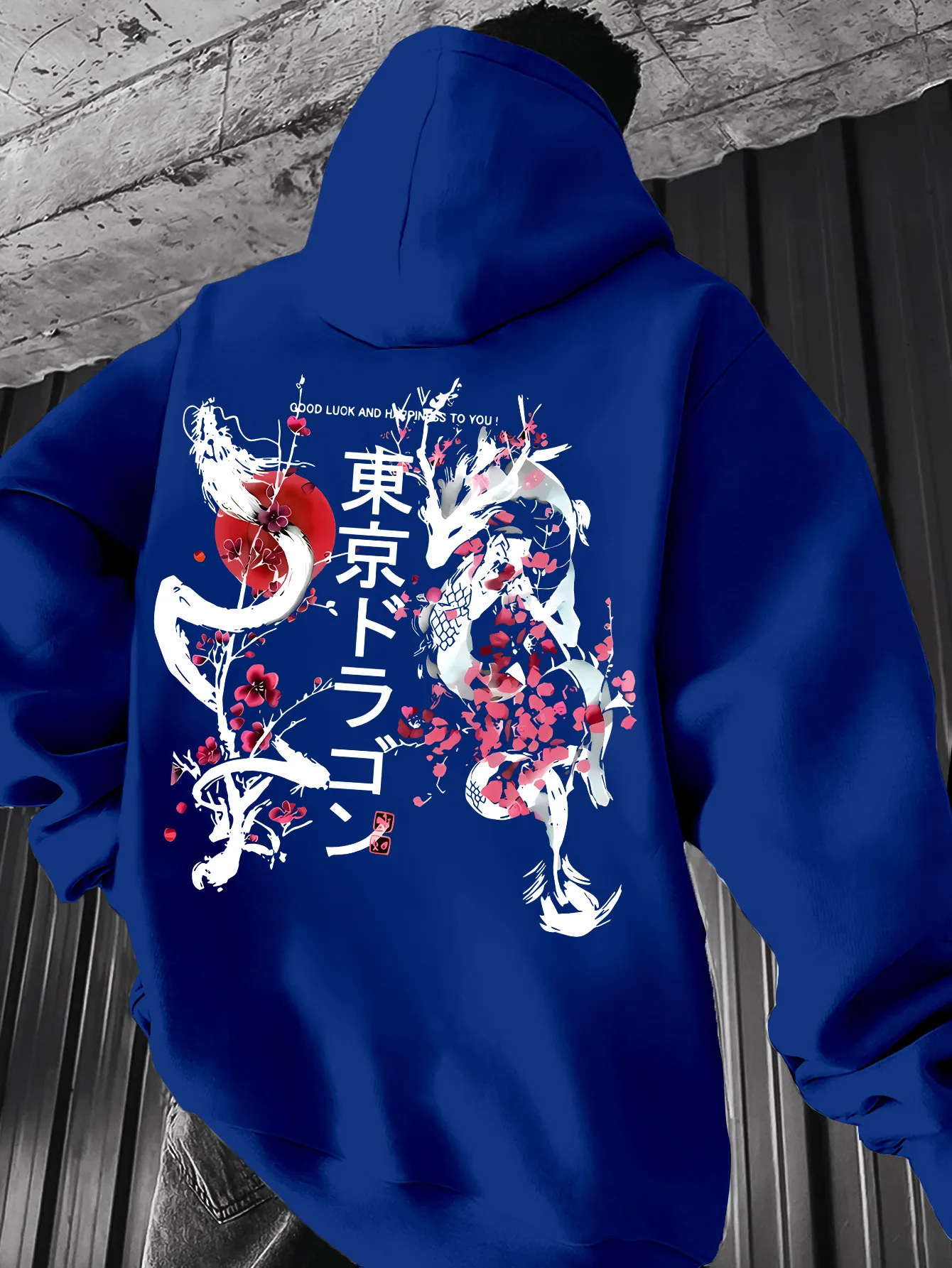 طباعة نمط رجل التنين زهر الكرز الياباني ، بلوفر الشارع ، حظًا سعيدا لك ، هوديي رجالي فضفاض عصري