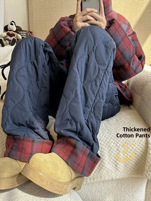 المرأة الشتاء Thiened سراويل قطنية عادية فضفاضة تناسب منقوشة الربط يندبروف السراويل الدافئة مستقيم الساق ملابس خارجية طويلة #4