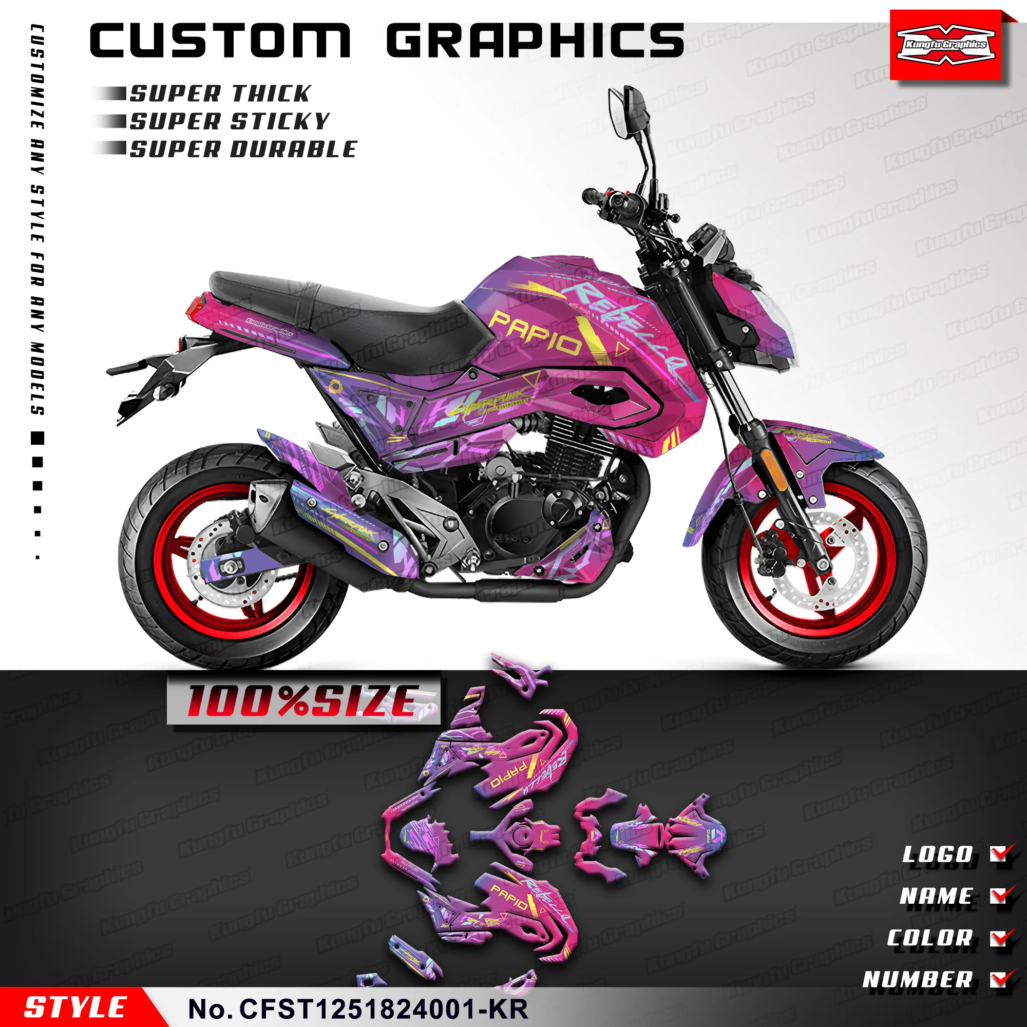 KUNGFU GRAPHICS Motorcycle Decal Kit Vinyl Sticker voor CFMOTO PAPIO ST125 2018-2024 Minibike, Wederopbouw