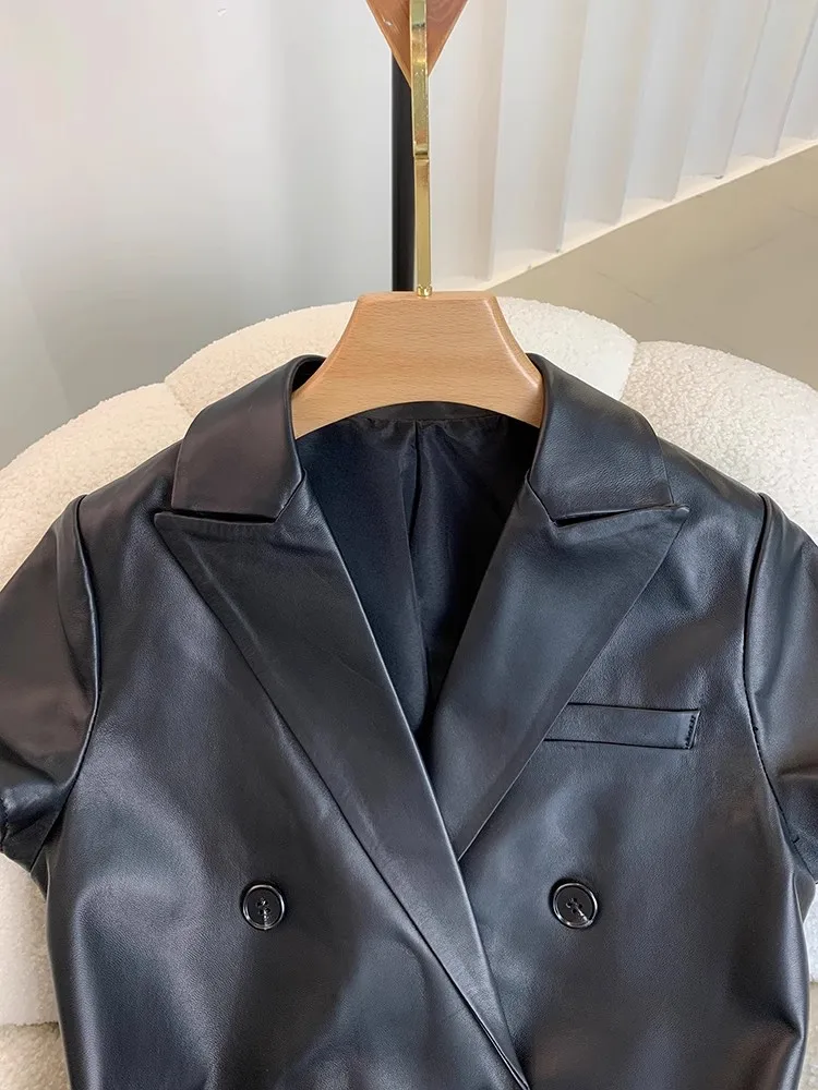 New Women Sheepskin Genuine Leather Vest Jacket Double Breasted Slim Fit High Waist Medium Long Office Lady Fashion Waistcoat