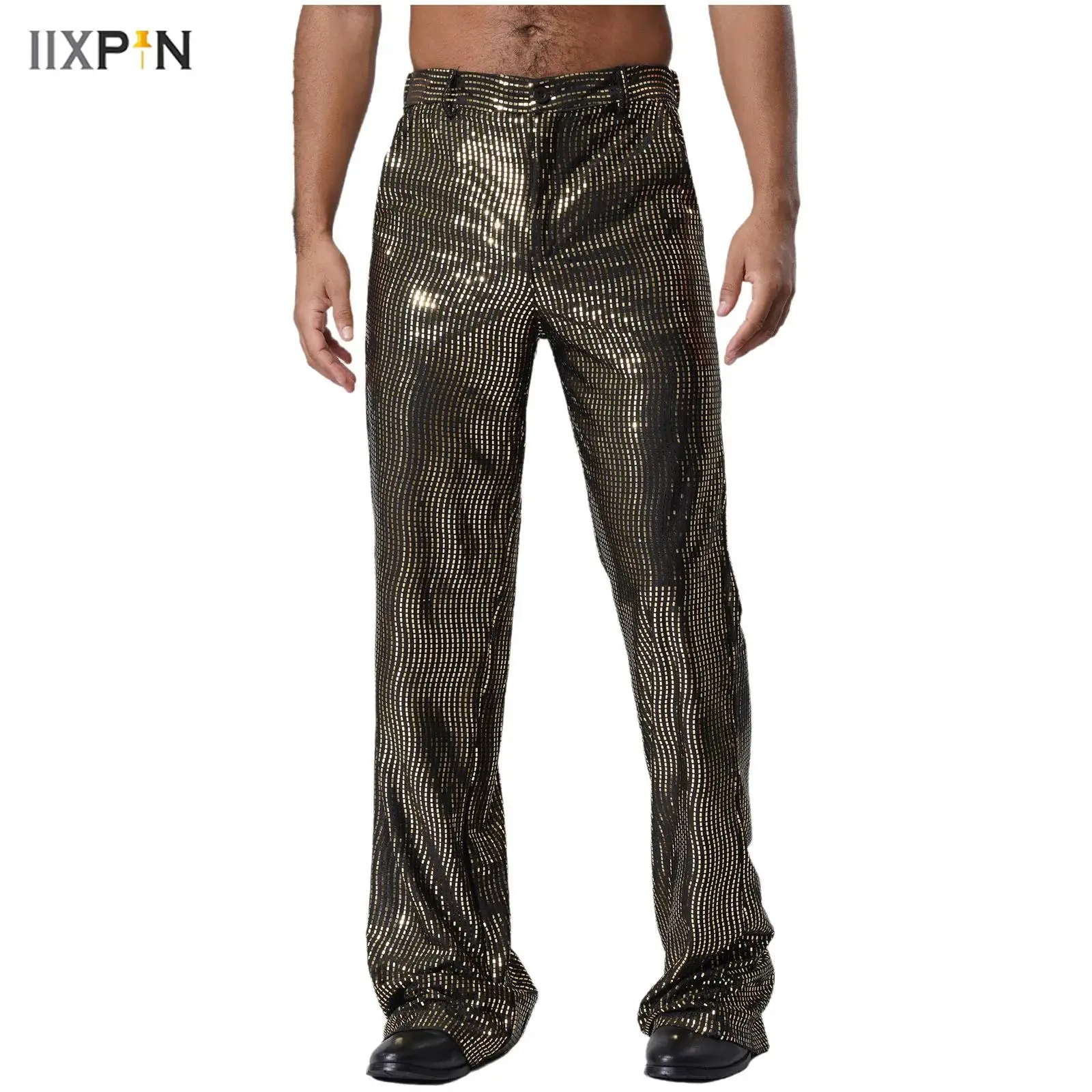 

Men's Shiny Sequin Flared Long Pants Allover Glittery Pockets Trousers Retro 70 80 Disco Dance Music Stage Performance Costume