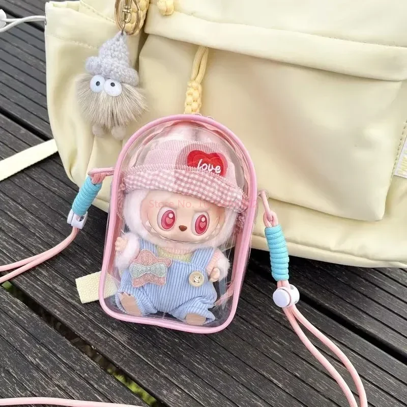 Boneca de algodão crossbody saco protetor 15cm labubu pvc armazenamento à prova de poeira caso de exibição festa posição sentada bonito brinquedo acessório