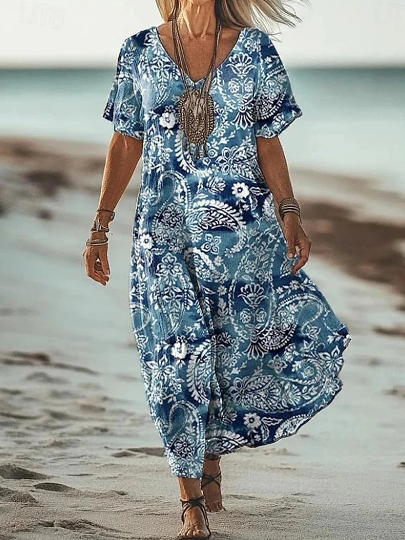 Vintage Damen-Maxikleid, Bohemian-T-Shirt-Kleid mit V-Ausschnitt und Seitenschlitz, lässige, mit Batikmuster bedruckte Kleidung für Damen, trendig