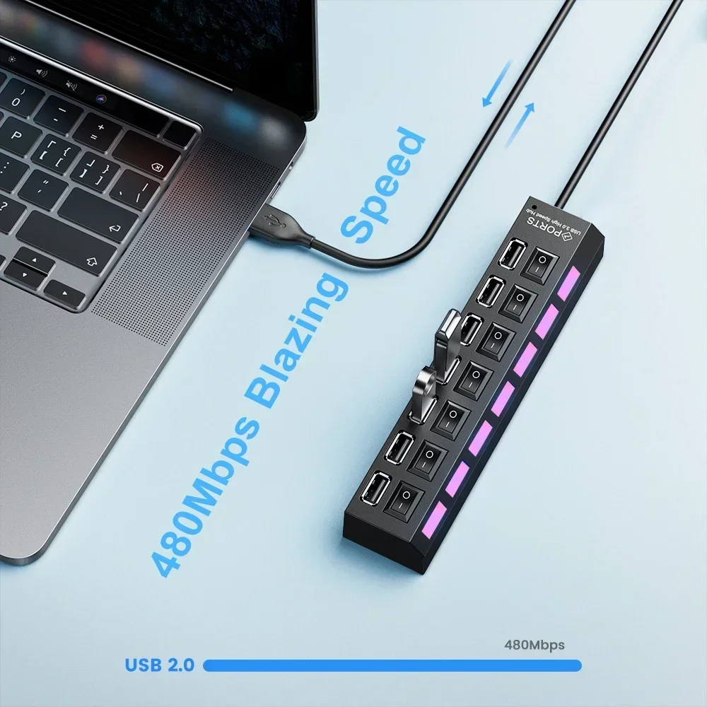 

USB Switch Hub2.0 USB HUB Adapter High Speed Multi 7 Ports Hub USB on/Off Switch Portable USB2.0 Splitter for Computer Laptop