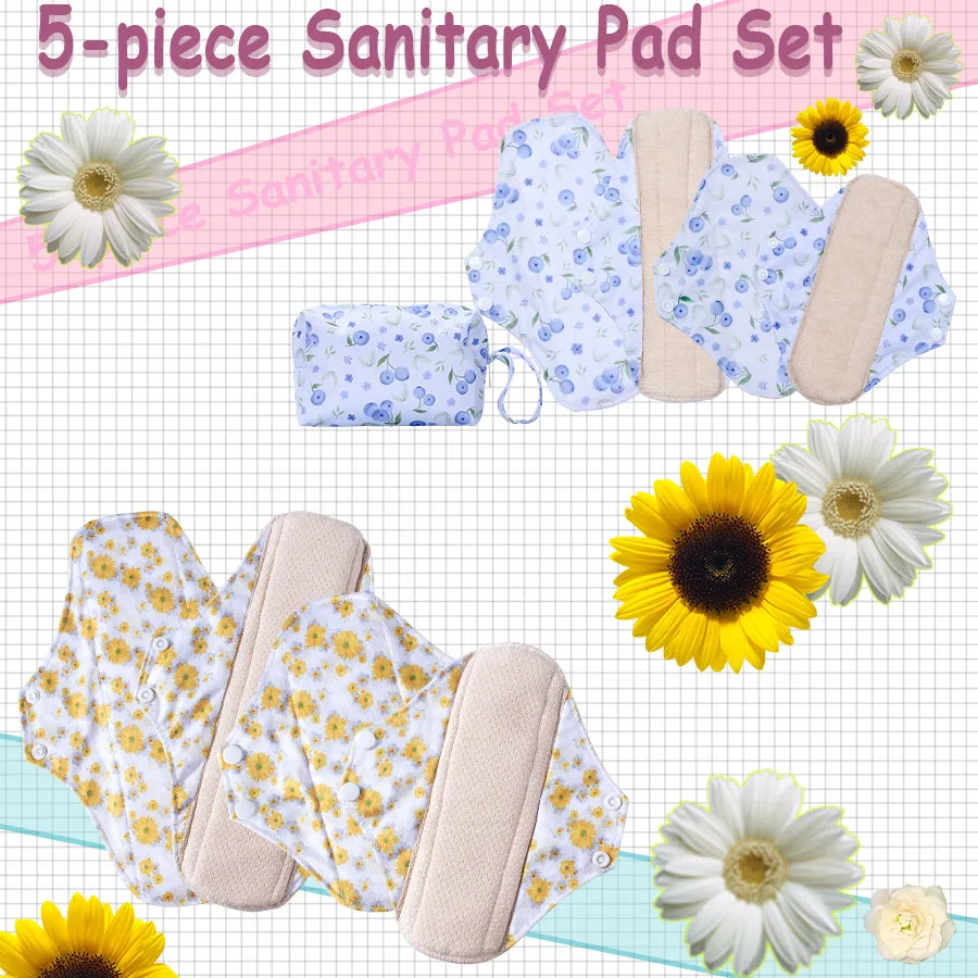 1set Washable Sanitary Pad Set, 5pcs Each Includes 4 Pads + 1 Storage Bag with Snap Closure Design, Foldable Comfortable Light