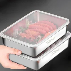 Rectangular Stainless Steel Square Plate With Lid Food Storage Pan Commercial Dish Tray Large Refreshing Lunch Box Container