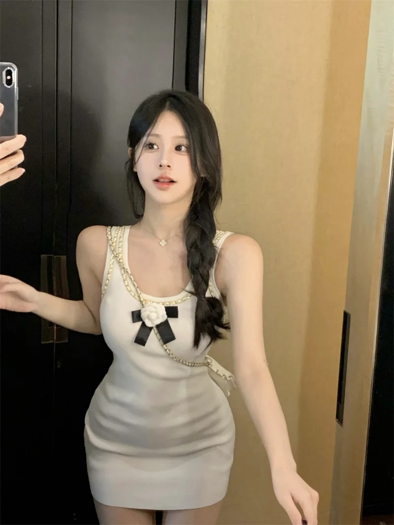 

Sexy Knitted Strap Dress Women's Size Pure Desire Spicy Girl High Waist Bodycon Tube Top Dress Korean Style Spring Summer