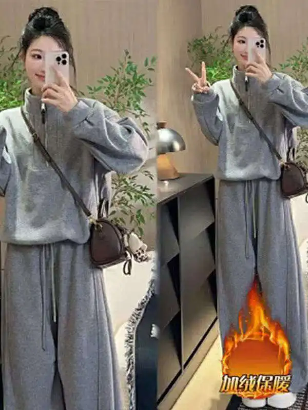 

Thickened Fleece Winter Set Women's Hoodie Sweatshirt Warm Casual Pants Two-Piece Set High-Waisted Loose Fit Fashionable