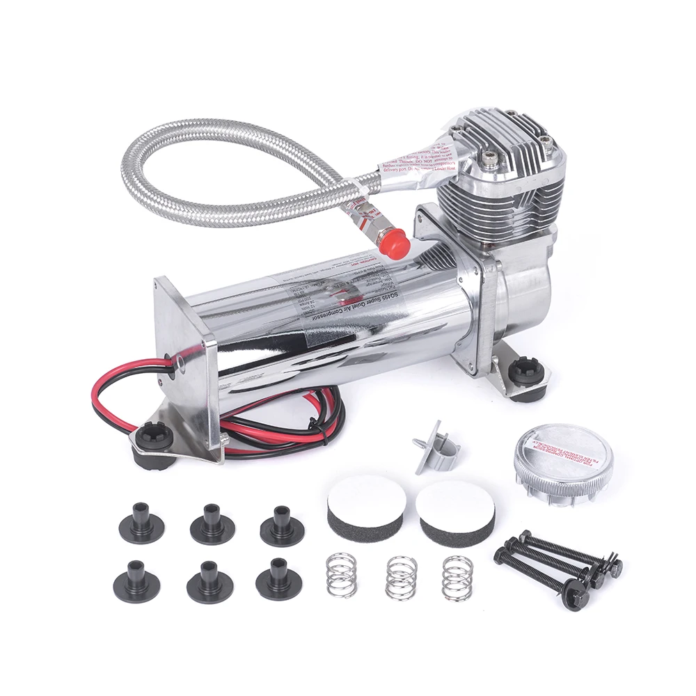 Silver Silent Air Suspension Kit, SQ495 Low Noise Compressor Under 69dB, 1/4 & 3/8 NPT Truck Air Horn Pump