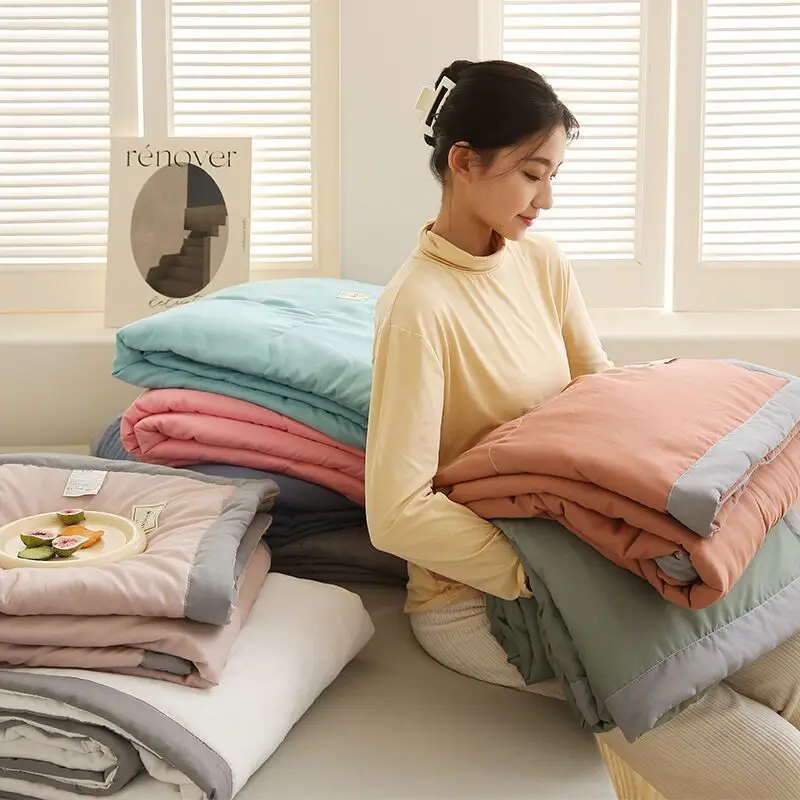 

Washable Cotton Sofa Nap Blanket Solid Color Color Blocked Edging Sleeping Bed Cover Portable Travelling Office Camping Throw