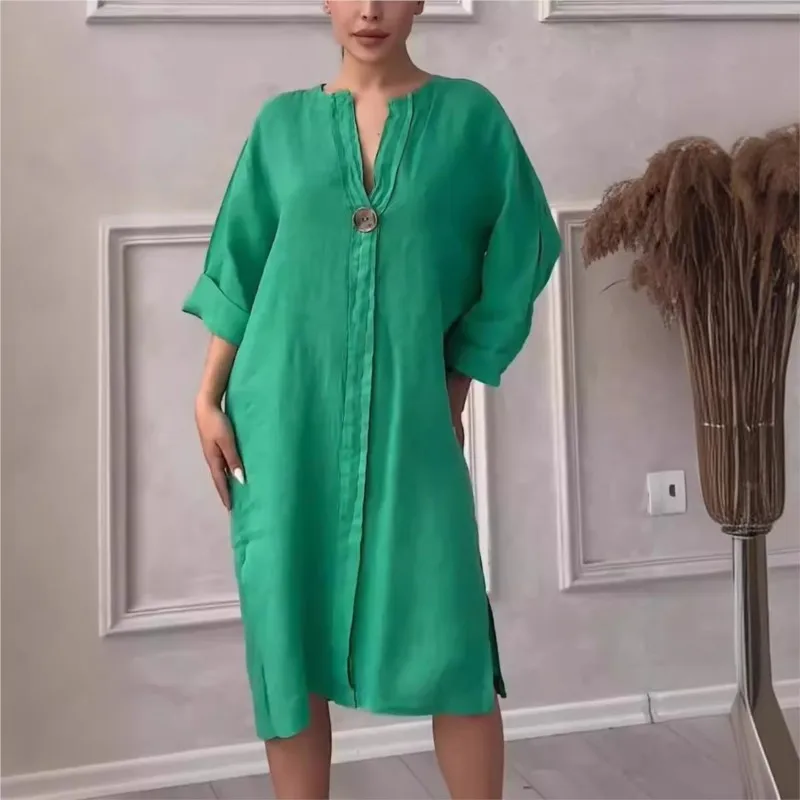 Summer Autumn Women's Solid Color Dress Elegant New Product 2024V Collar 1/2 Sleeve Loose Casual Side Split Middle Long Dress