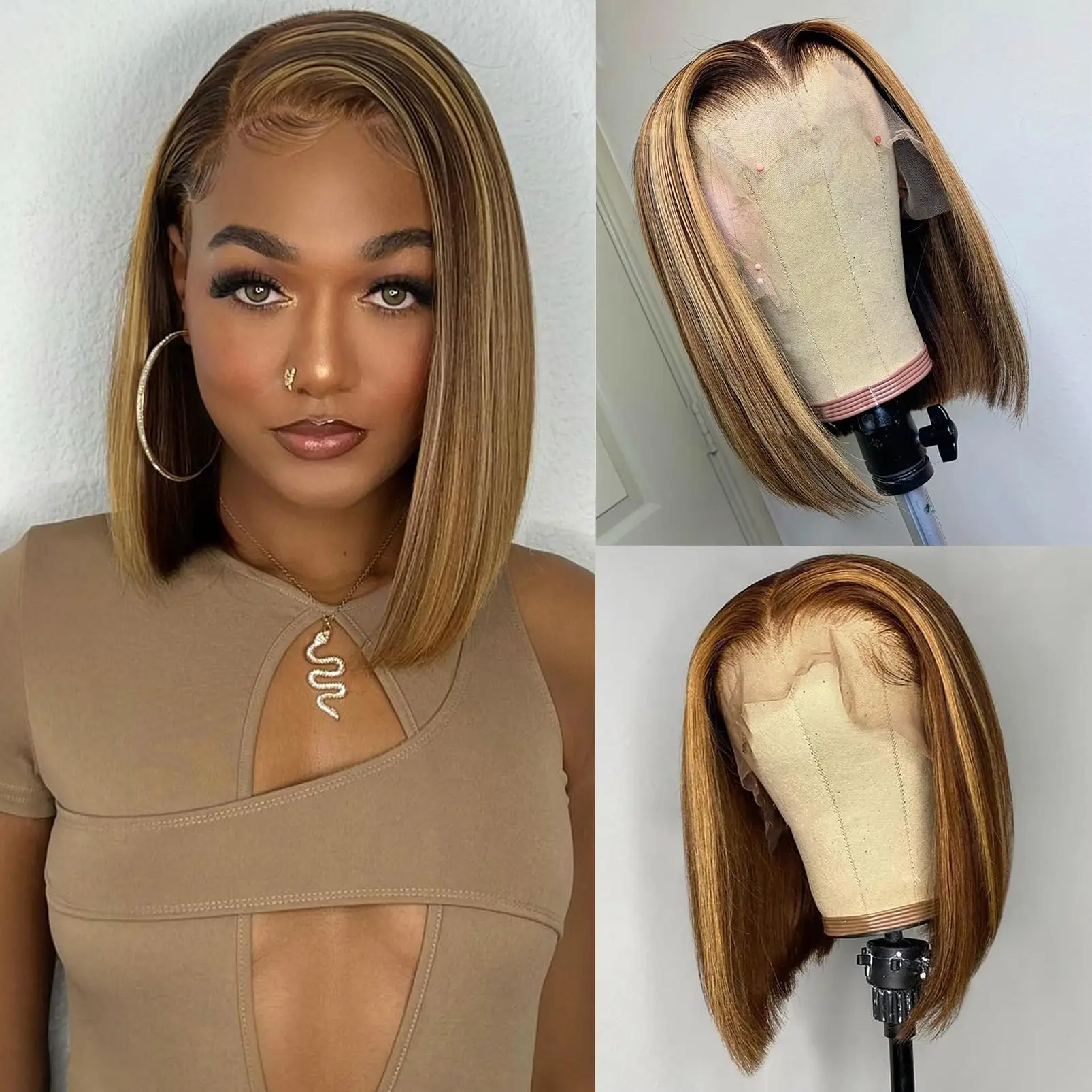 

180% Density Bob Wig Highlight Gradien Human Hair Straight 13x4 Lace Front Bob Wig 4/27 Straight Bob Wig Baby Hair Natural Color
