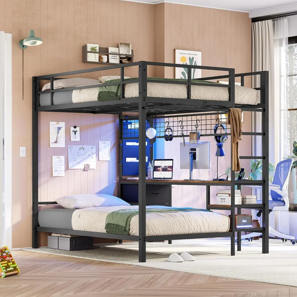 Full Over Twin Bunk Bed with Desk and Charging Station,  Led Lights & Storage Shelves, Drawers, Safety Guard & Ladder