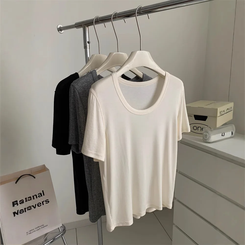 

Comfortable Silk Wool U-Neck T-Shirt Women's Lightweight Draping Lazy Slimming Color Shoulder-Length Short Sleeve Summe...
