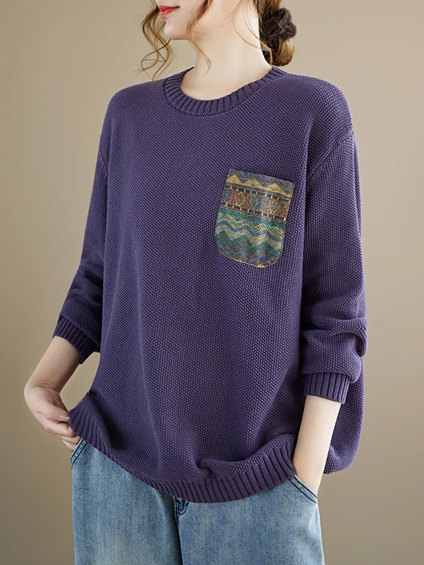 

Autumn New Loose Casual Knitted Sweater Women's Floral Patchwork ket round Ne Cotton Yarn Base irt Comfortable Warmth