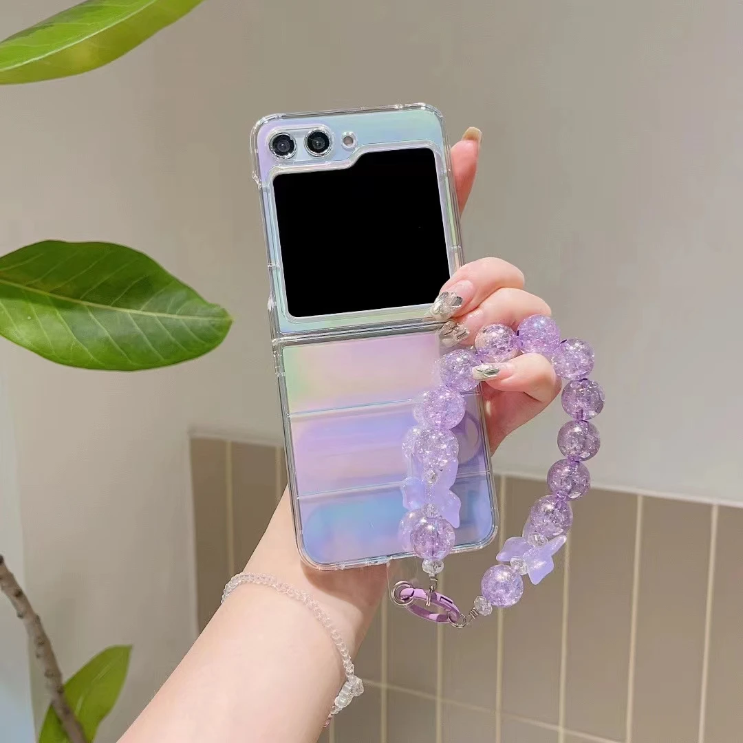 Luxury Unique Diamond Laser Crystal Candy Pearl Chain Wrist Strap Phone Case Cover For Oppo Find N2 N3 Flip