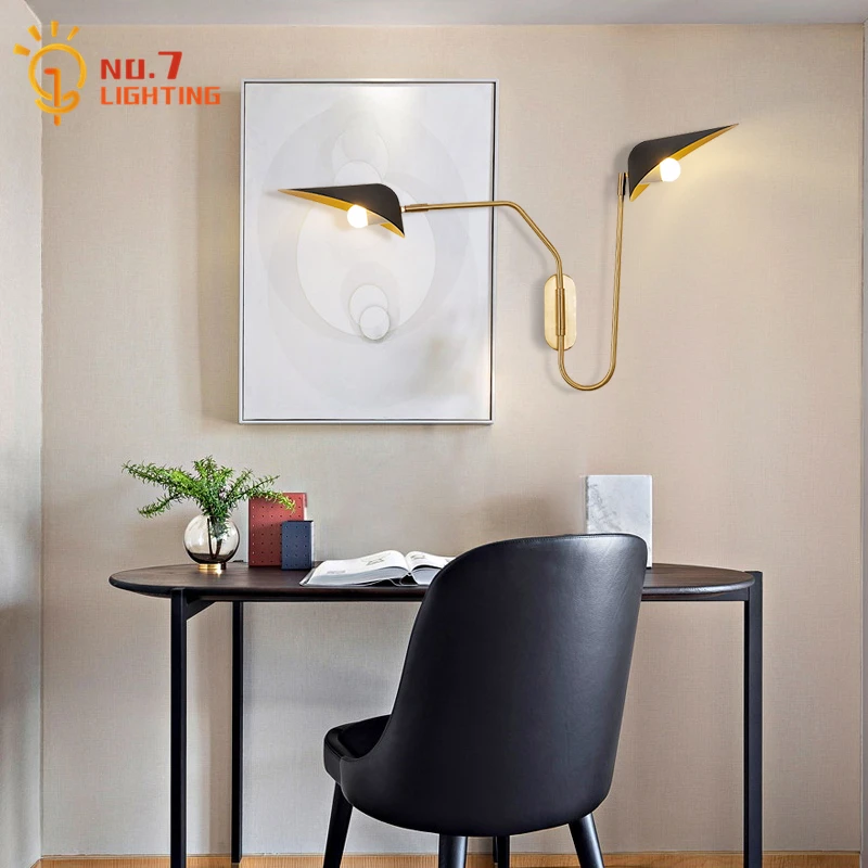 Designer Rotatable Copper Wall Lamp LED E27 Double Head Gold/Black Swing Arm Long Pole Wall Mounted Living Room Bedroom Bedside