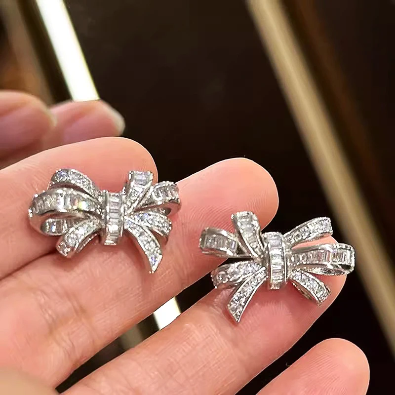 Huitan Novel Design Bow Stud Earrings for Women Exquisite Princess Ear Accessories Full Dazzling CZ Stone New Statement Jewelry