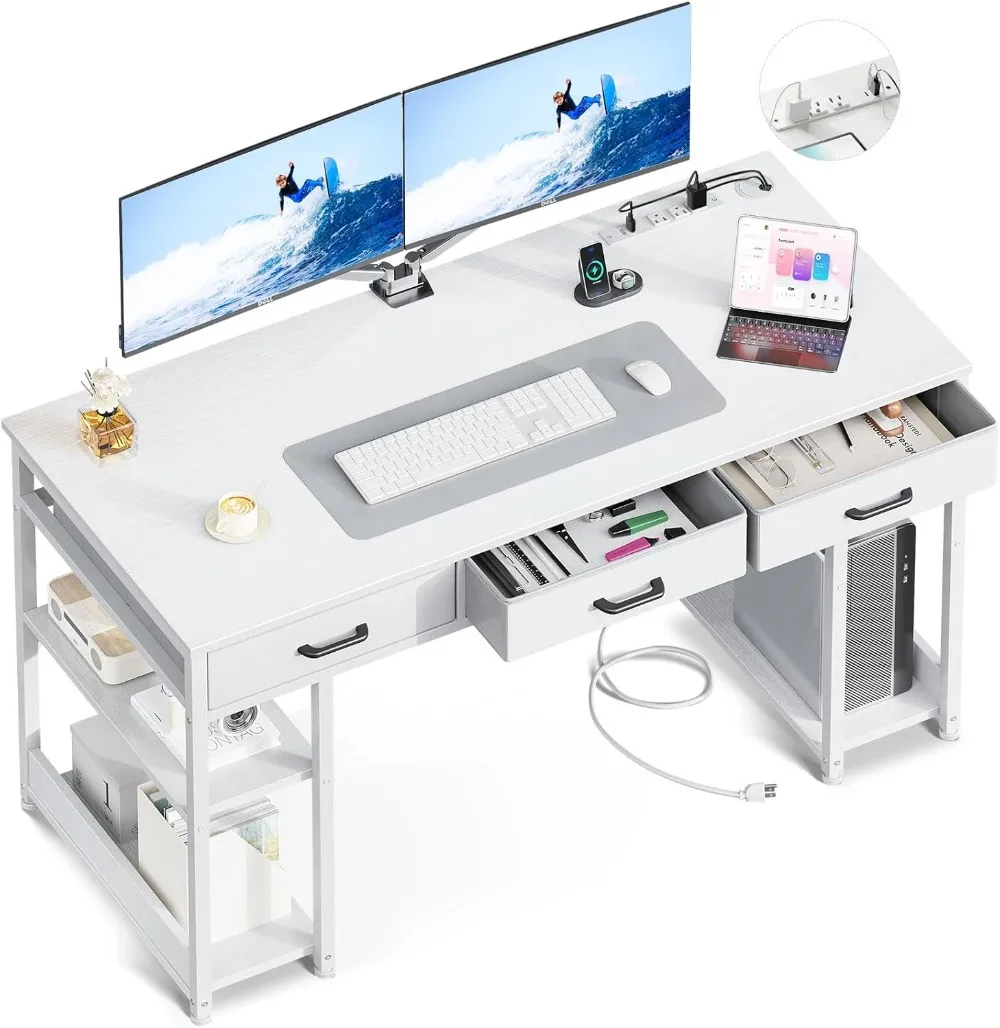 

AODK 55 Inch Computer Desk with Fabric Drawers & Power Outlets, Office Desk with Storage Shelves & CPU Stand, Study Table, White