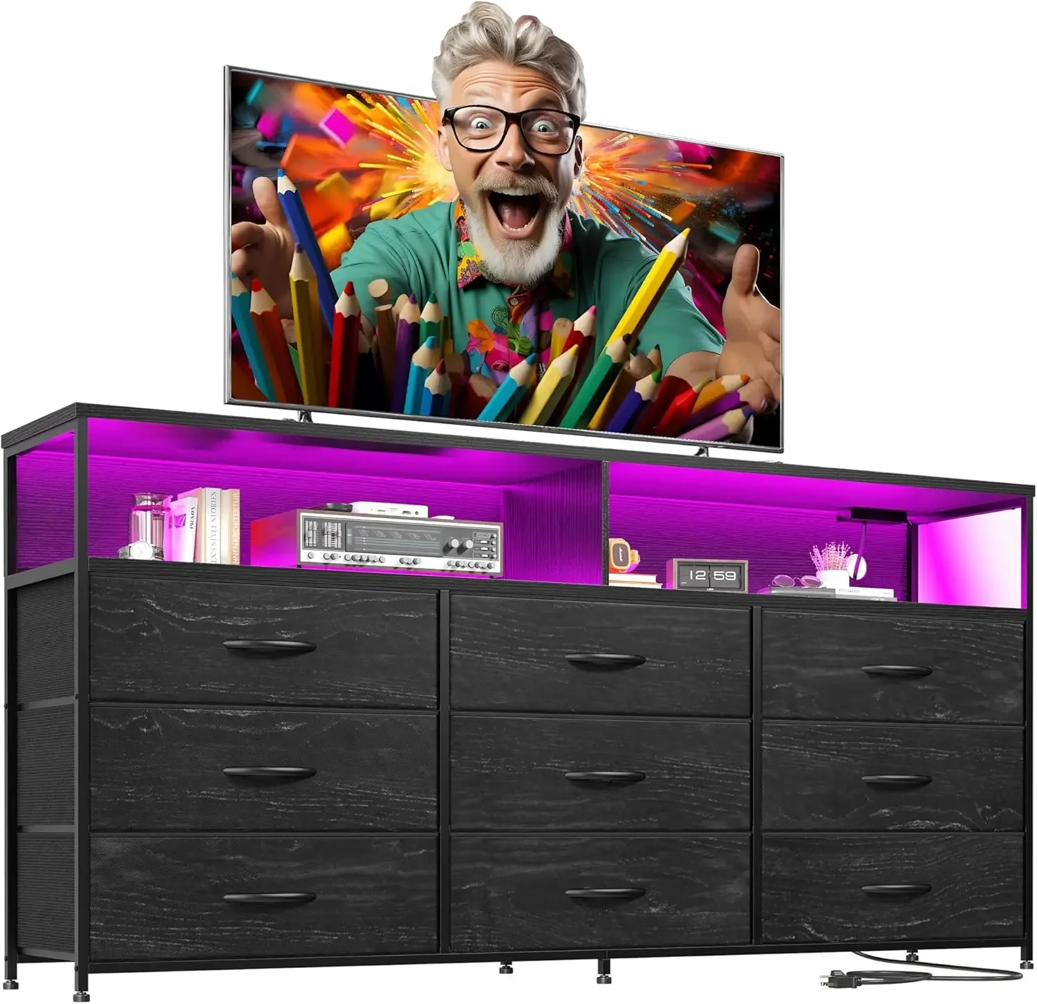 55” W Dresser, Black Dresser for Bedroom with Power Outlet & LED Lights 65