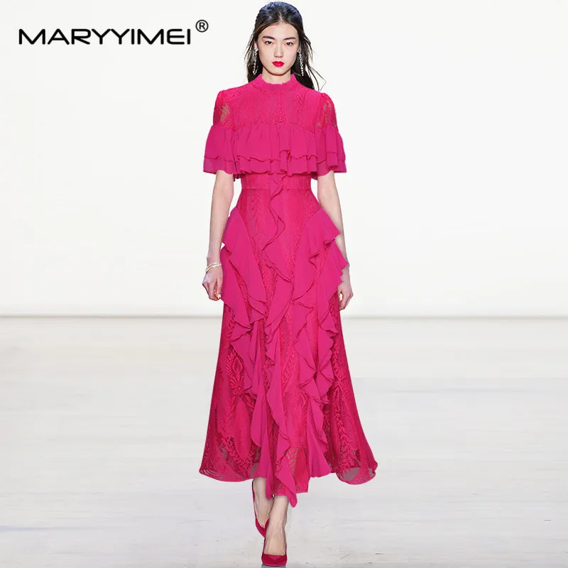 MARYYIMEI Fashion Runway dress Summer Women Dress Short sleeve Hollow out Ruffled Lace patchwork Vintage Party Dresses