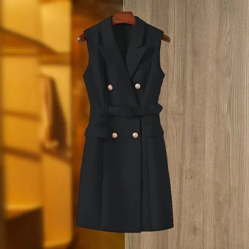 Spring Autumn 2026 Take Sleeveless Coat Belt Vest Women Suit Jacket Waistcoat Mid-Long Commuter Blazer Vintage Dress Female