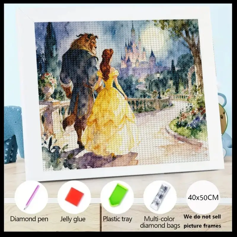 

1PC Disney Beauty and the Beast Diamond Painting Kit, 5D Full Drill Belle & Beast Romantic Castle Garden Scene DIY Crystal Diamo