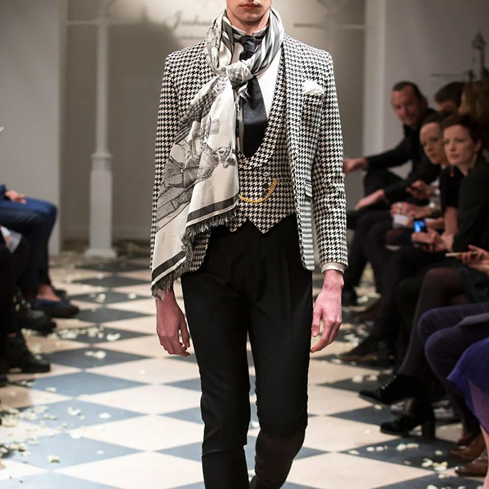 Houndstooth Men's Suits 3 Piece(Vest+Jacket+Pants) Single-breasted Set Casual Patterned Blazer Formal Office Wedding Outfit