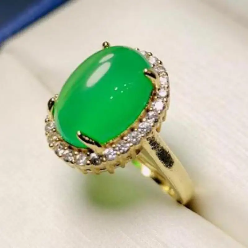 Natural Green Jade Ring Adjustable Size Women Band Genuine Chrysoprase Inlaid Zircon Jades Rings Jewelry Ladies Gifts