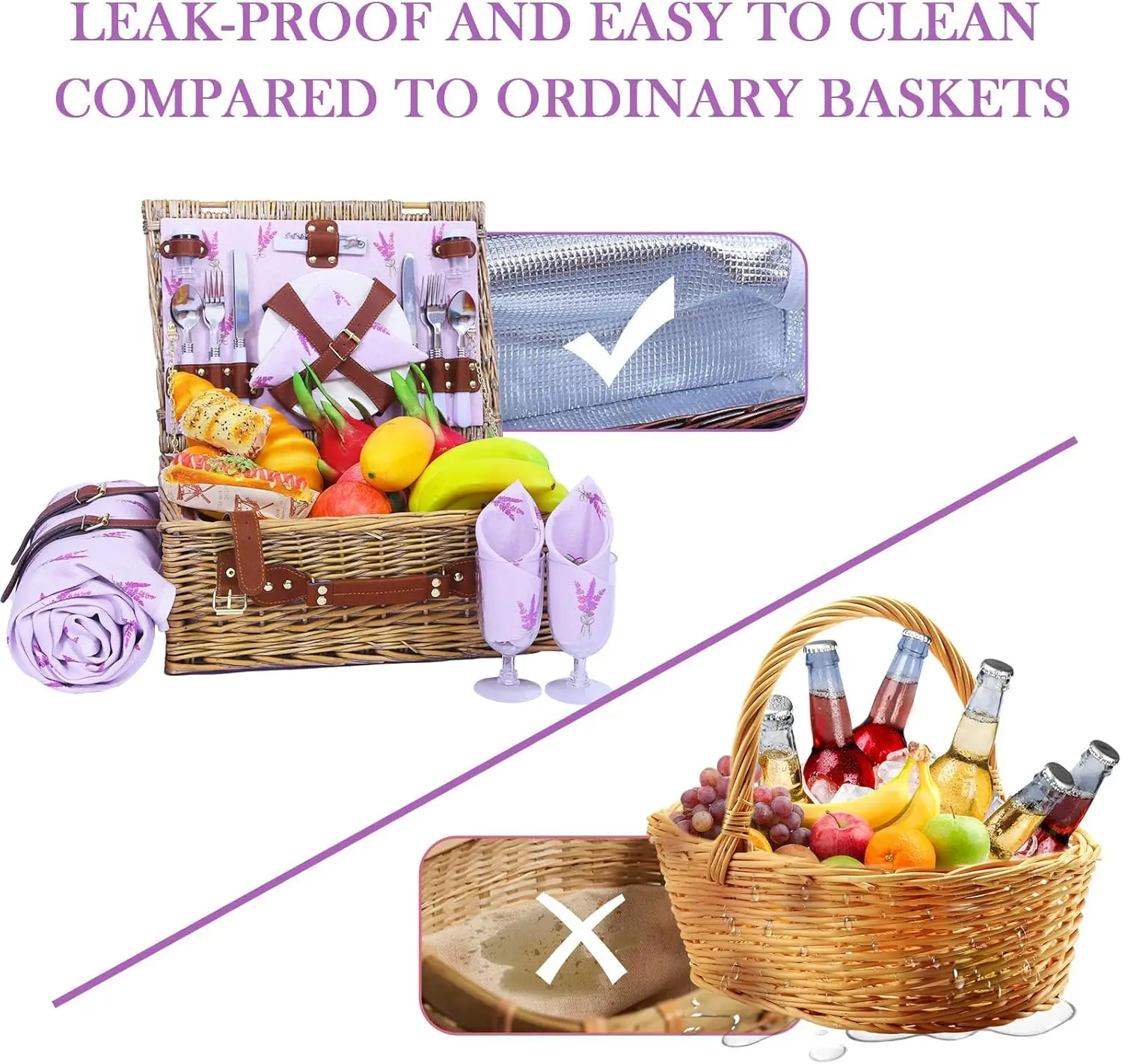 سلة نزهة من الخيزران تتسع لـ 4 مع مبرد معزول وبطانية مقاومة للماء - سلة نزهة صفصاف كبيرة للأماكن الخارجية والتخييم