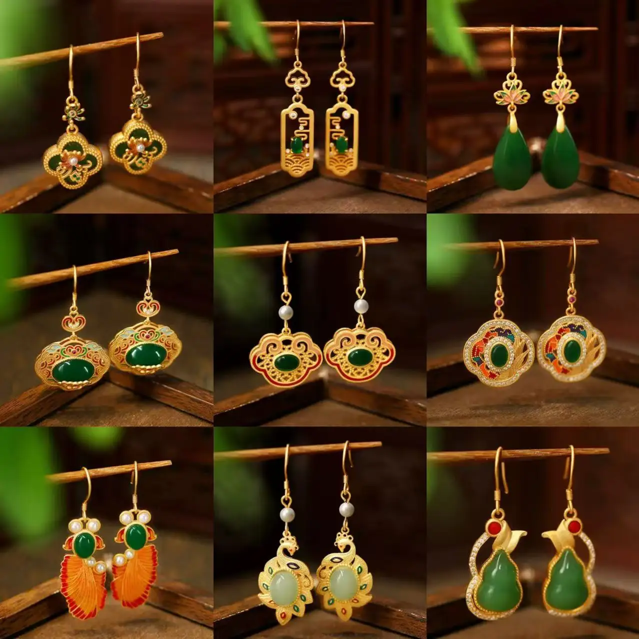 Ethnic Chinese Jade Pendant Earrings for Women Ancient Palace Style Hollow Gilded Enamel Legendary Animals Luxury Jewelry Gifts