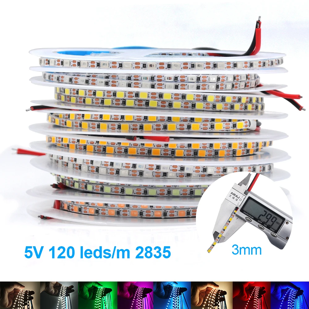 Ultra Thin 3MM Flexible LED Tape Strip Lights 5V Narrow 2835 120LEDs/M Ribbon Rope Lamp  Cool Natural Warm White