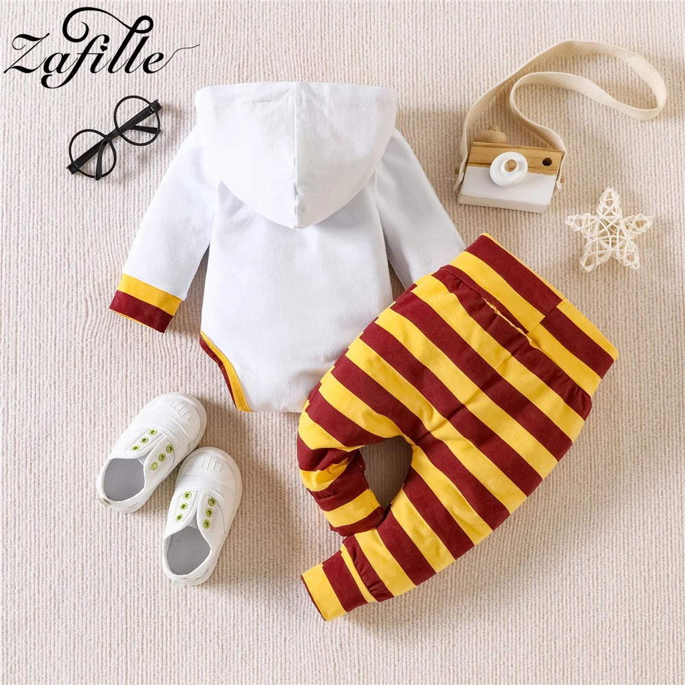 ZAFILLE Men\'s Baby Clothes Set Letter Print Hooded Bodysuit+Stripe Pants 0-12M Newborn Boys Clothing Casual Kids Toddler Costume