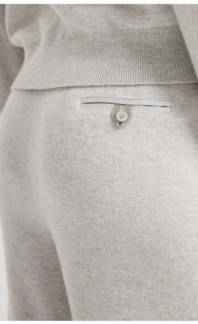 BD3621836 Damen 100% Kaschmir Strickhose mit Weitem Bein, Elastischem Bund, Gesäßtasche, Kettenabzeichen, Weiche Entspannte Passform für den Frühherbst – Detail 5
