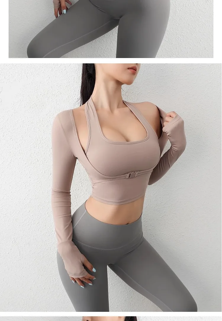 Herbst Sport Damen Oberteile Modische Langarm-Trainings-Tops mit Daumenlöchern Fitness Crop Yoga-Top – Detail 7