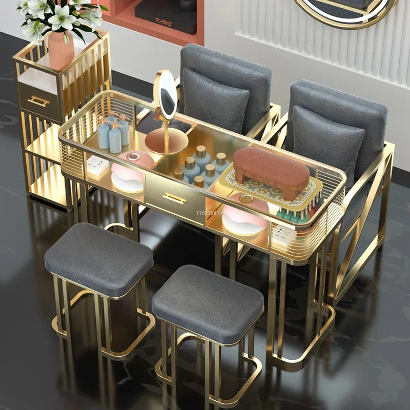 for  Light Luxury Glass Nail Tables Gold with Drawer Manicure Tables Modern Salon Furniture Beauty Salon Table and Chair Set